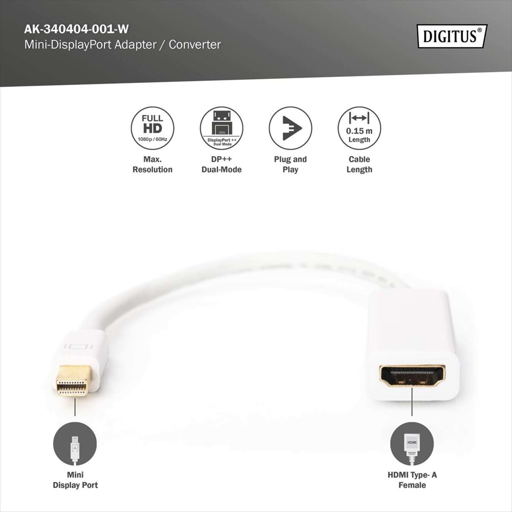 DIGITUS mDP-HDMI Görüntü Adaptörü 0,15m (AK-340404-001-W)