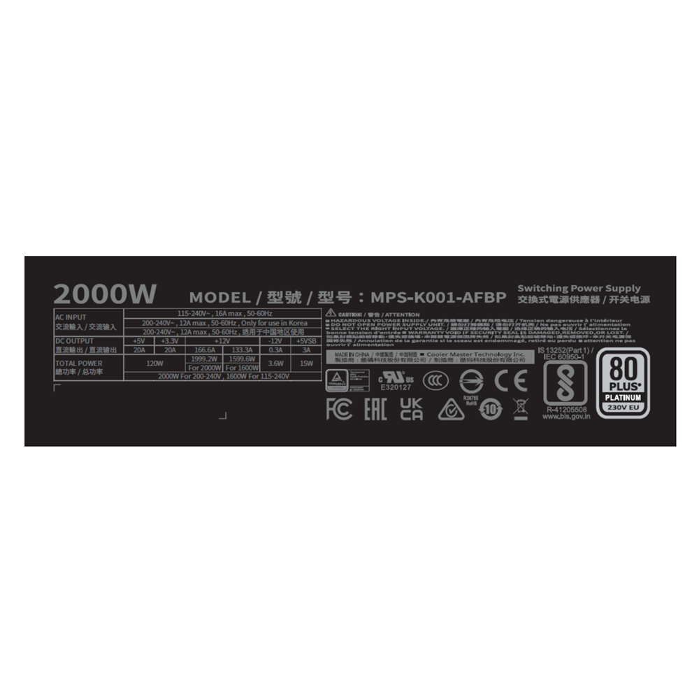 COOLERMASTER 2000w 80+ PLATINUM X Mighty MPS-K001-AFBP-NBEU Tam Modüler Power Supply