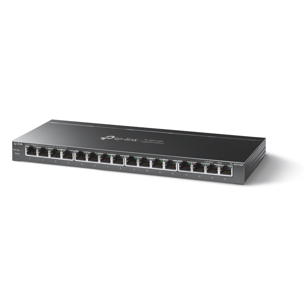 TP-LINK 16port PoE 120W Gigabit Extend Fansız Yönetilemez Switch TL-SG116P