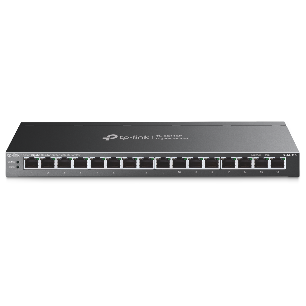 TP-LINK 16port PoE 120W Gigabit Extend Fansız Yönetilemez Switch TL-SG116P
