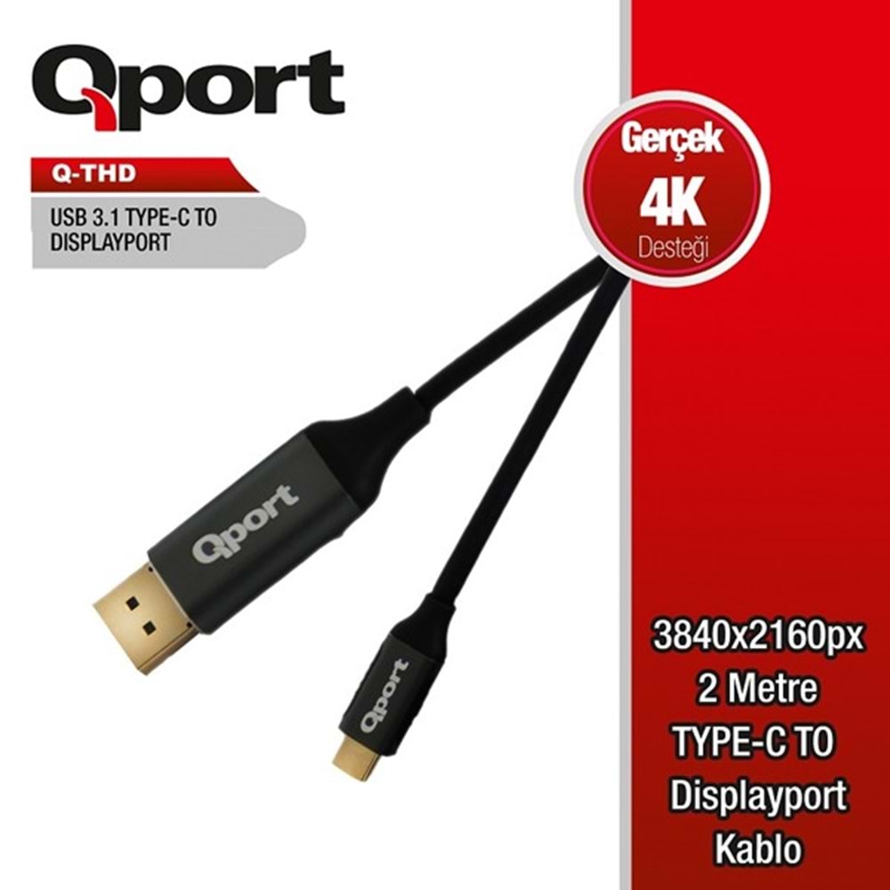 QPORT 2metre Q-THD TYPE-C - DP Çevirici Kablo Siyah 4K