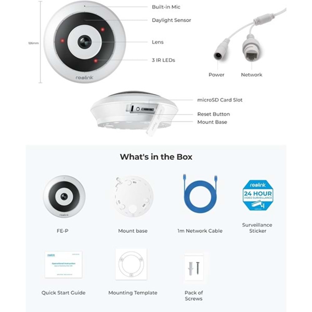 REOLINK 6MP Panoramik 1.92mm IP Kamera Dahili Siren Çift Yönlü Ses FE-P