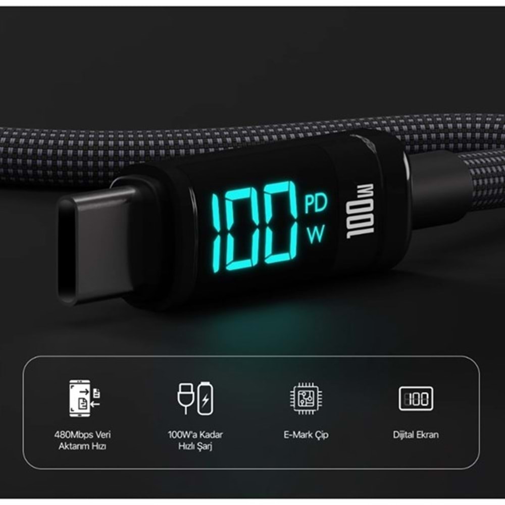 BIX 1metre BX09CC-BK 100w Dijital Ekranlı Şarj Kablosu Siyah