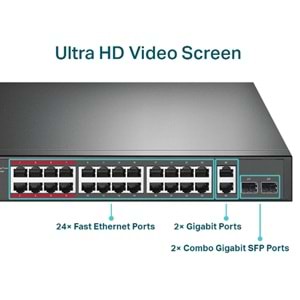 TP-LINK 24port PoE 250w 2-SFP Gigabit Yönetilemez Switch TL-SL1226P