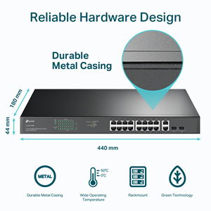 TP-LINK 16port PoE 250W 2-SFP Gigabit Yönetilemez Switch TL-SG1218MP