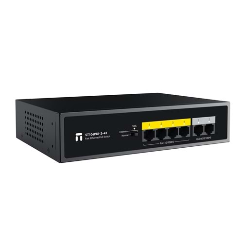 STONET 6port / 4port PoE 43W 2-Uplink 10/100 Yönetilemez Switch ST106PDI-2-43