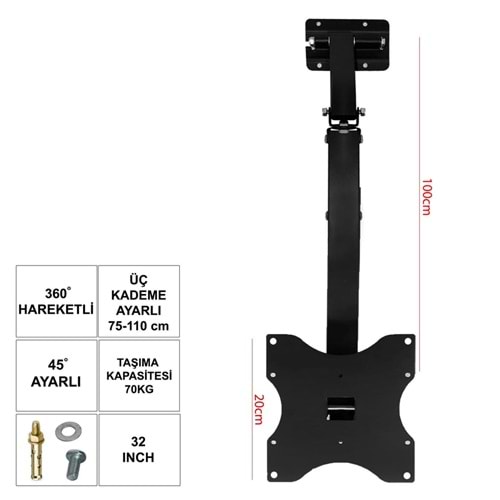 32- 40 inç 82-102cm Lcd Askı Aparatı Tavan Hareketli UFİX UF-32KT
