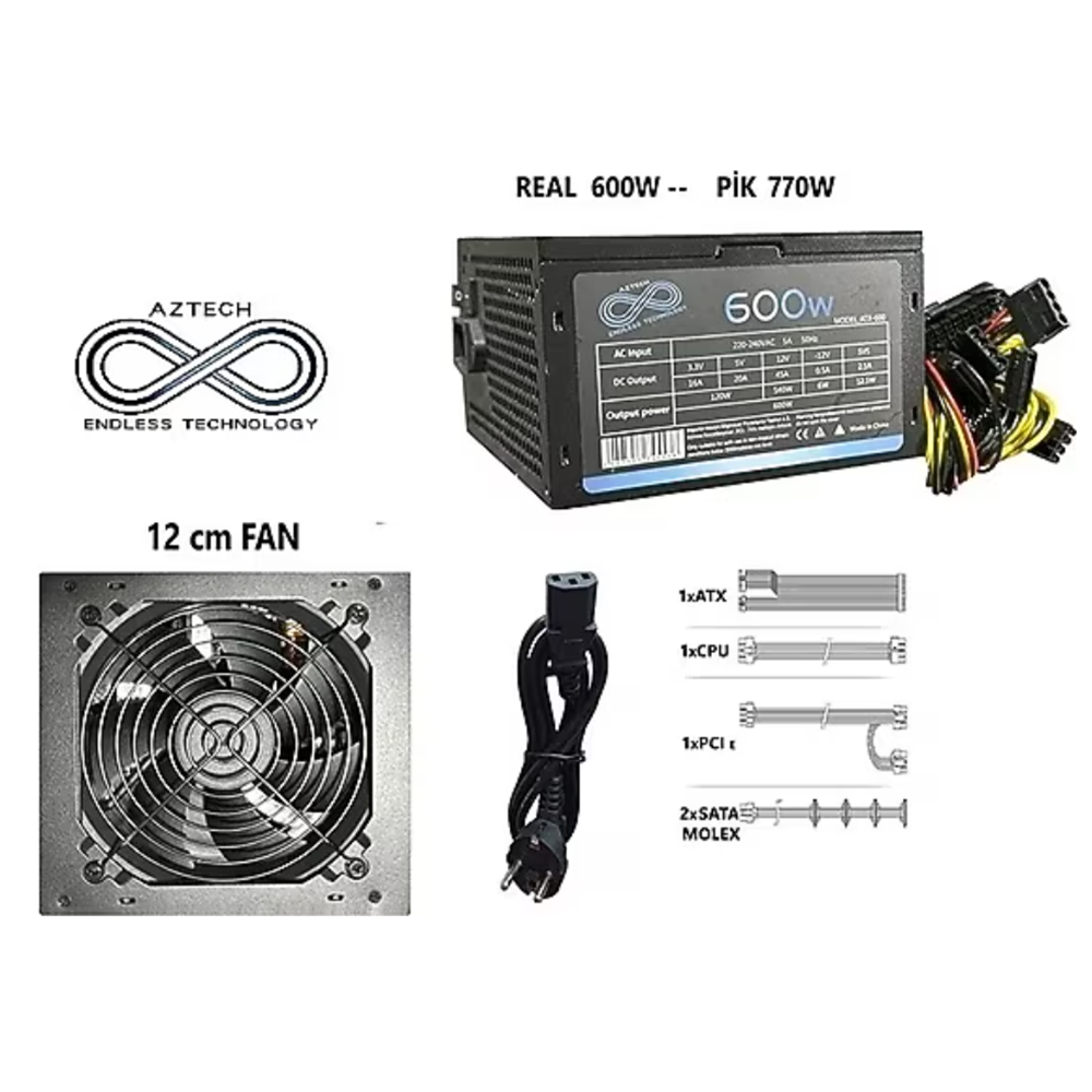 AZTECH 600W 12cm Fanlı Atx Power Supply