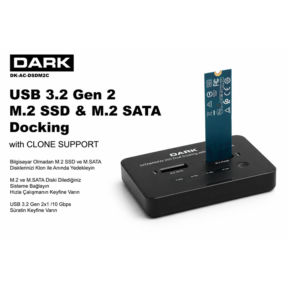 DARK DK-AC-DSDM2C Çift Yuvalı M.2 NVMe & M.2 SATA USB 3.2 Gen2 Type-C Bilgisayarsız (Offline) SSD Klonlama ve Docking Station