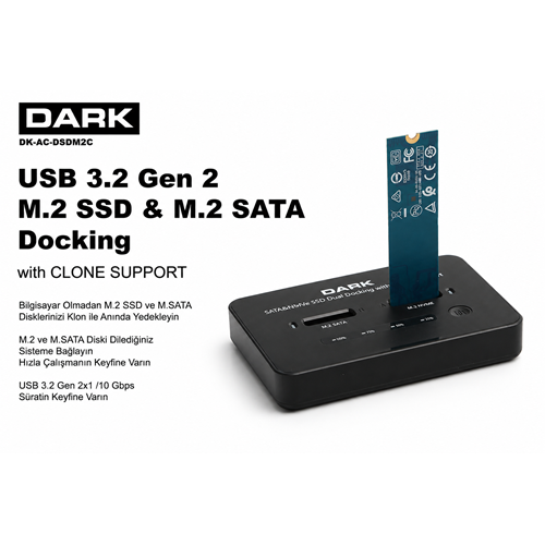 DARK DK-AC-DSDM2C Çift Yuvalı M.2 NVMe & M.2 SATA USB 3.2 Gen2 Type-C Bilgisayarsız (Offline) SSD Klonlama ve Docking Station