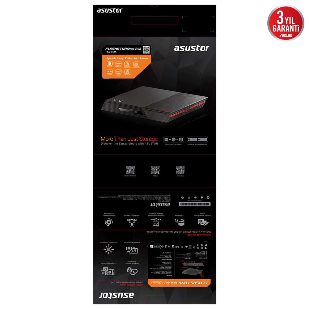 ASUSTOR126diskli (Nvme Disk) RTyzen V3C14-4GB RAM-2x10GbE Nas Server Flashstor 12 Pro Gen2 FS6812X