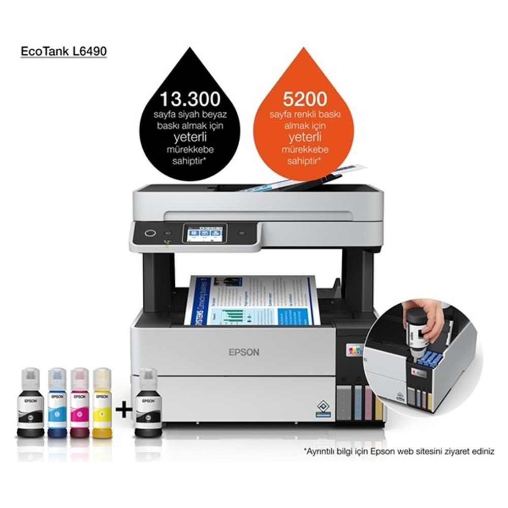 EPSON A4 Renkli L6490 Çok Fonksiyonlu Dublex Tanklı Yazıcı Fax USB 2.0,Ethernet,Kablosuz