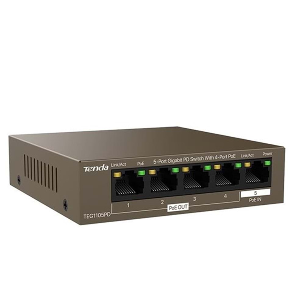 TENDA 5port-4port PoE 30w Gigabit Yönetilemez Switch TEG1105PD (Adaptör Yok)