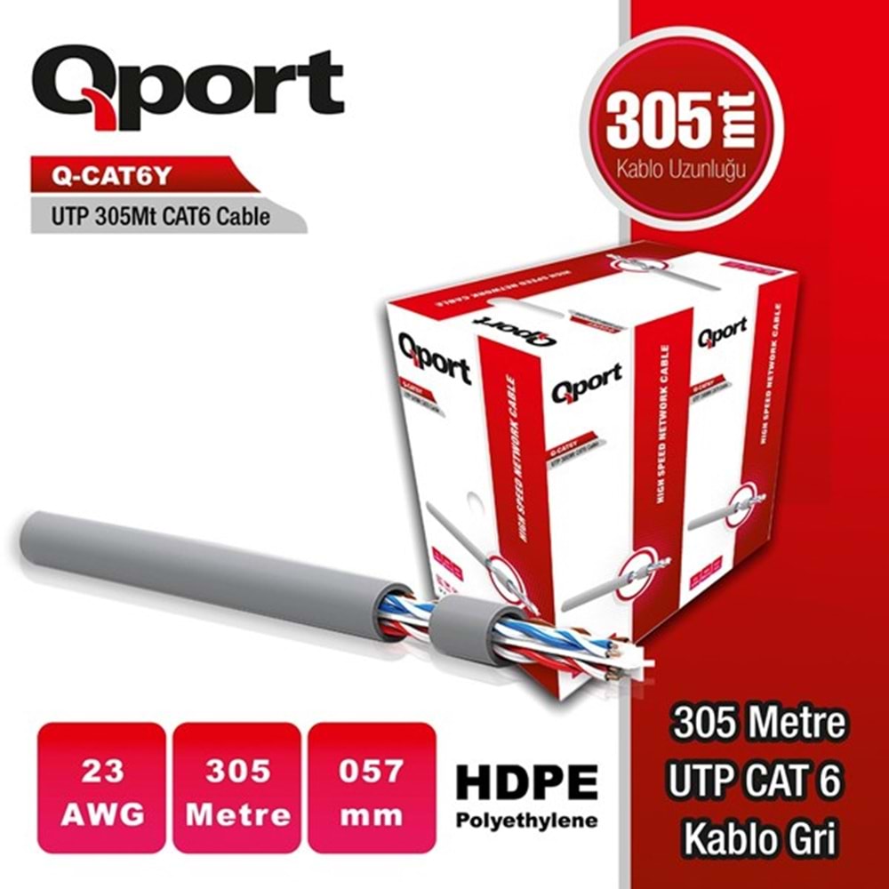 QPORT 305mtre CAT6 Utp 23AWG Gri Kablo Q-CAT6Y