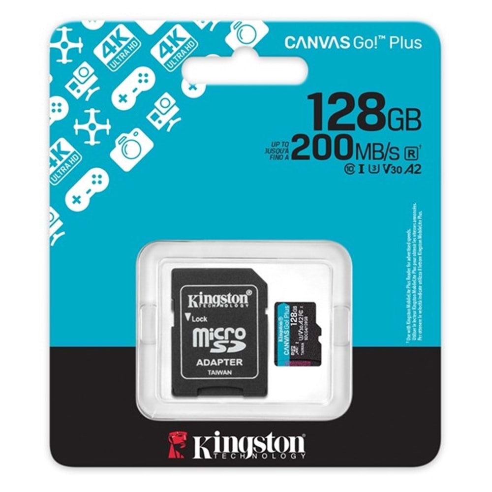 KINGSTON 128GB Canvas Go! Plus SDCG4/128GB microSDXC 200/100MB/s U3 V30 A2 SD Adaptörlü Hafıza Kartı