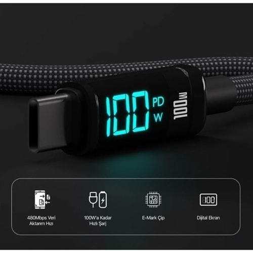 BIX 1metre BX09CC-BK 100w Dijital Ekranlı Şarj Kablosu Siyah