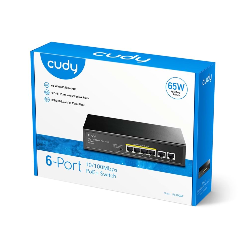 CUDY 6port / 4port PoE 60w 10/100 2-Uplink Yönetilemez Metal Switch FS1006P