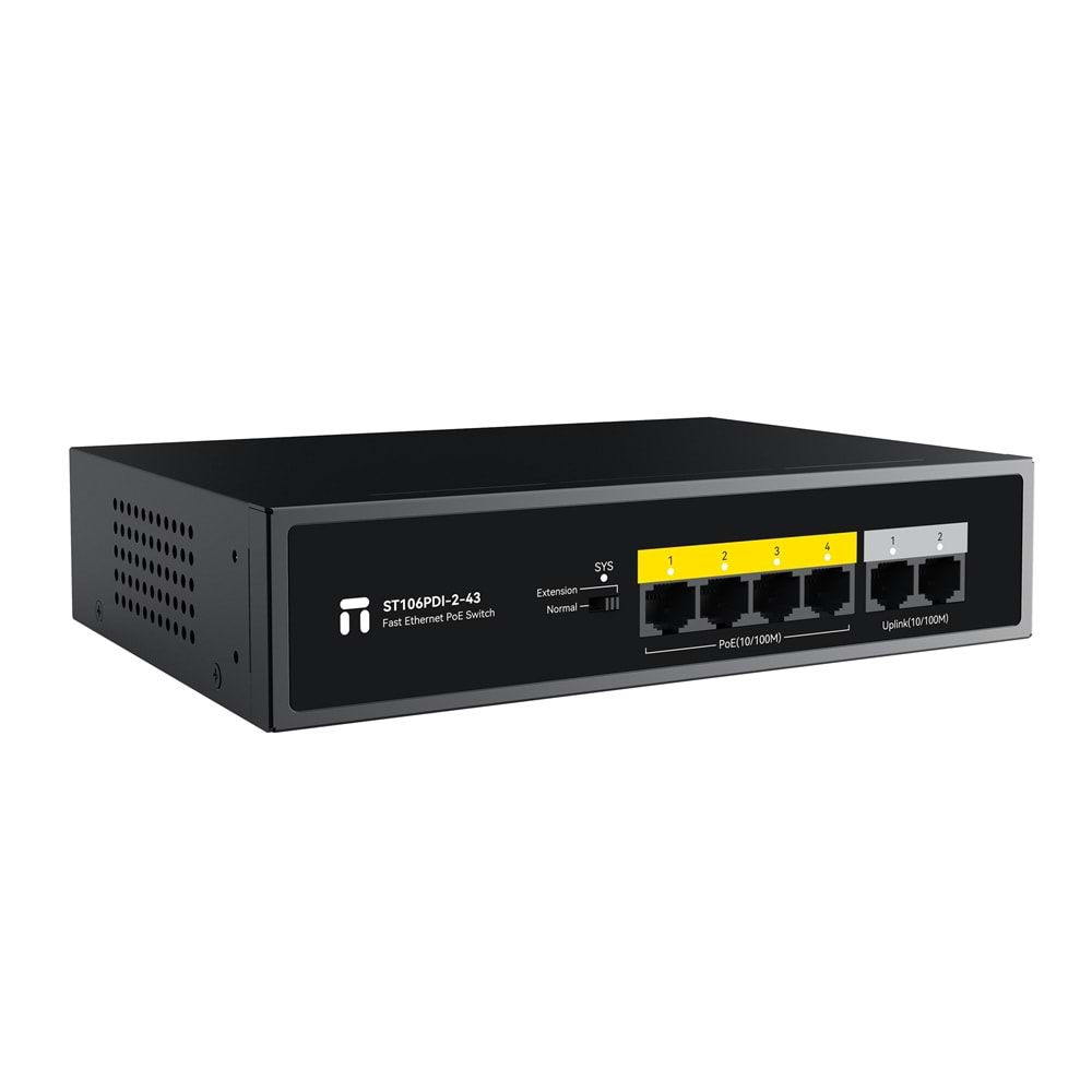 STONET 6port / 4port PoE 43W 2-Uplink 10/100 Yönetilemez Switch ST106PDI-2-43