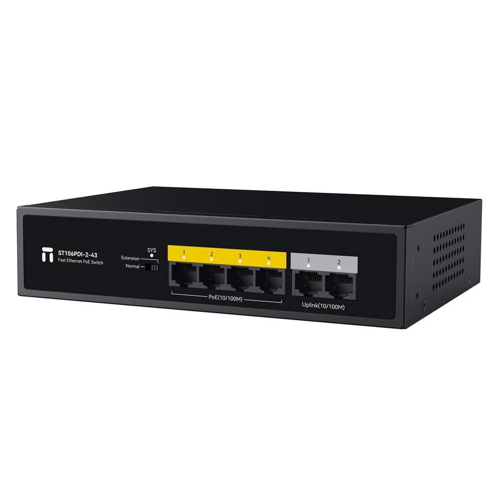 STONET 6port / 4port PoE 43W 2-Uplink 10/100 Yönetilemez Switch ST106PDI-2-43