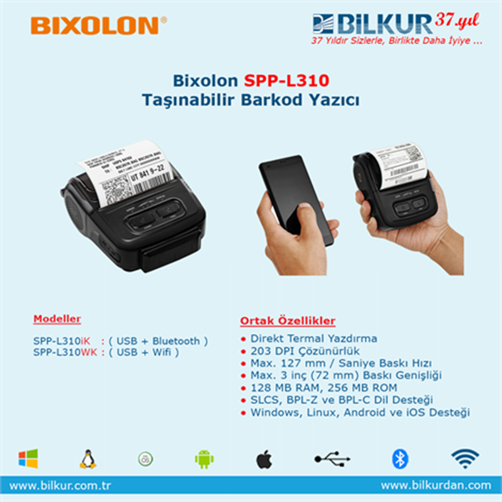 BIXOLON 203dpi SPP-L310iK 72mm 127mm/sn USB + Seri + Bluetooth Taşınabilir Barkod Etiket Yazıcı