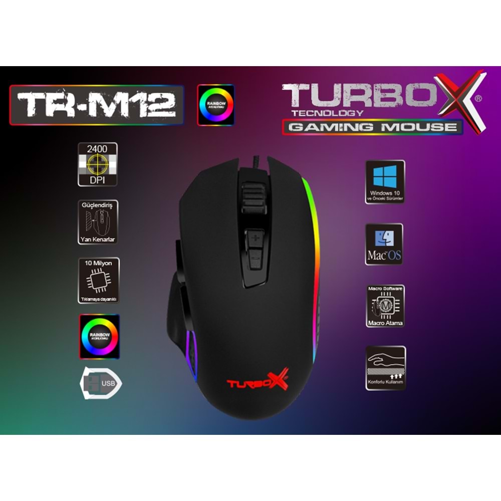 Turbox BlastOff TR-M12 2400Dpi Usb Kablolu Siyah Gaming Optik Mouse Aydınlatmalı