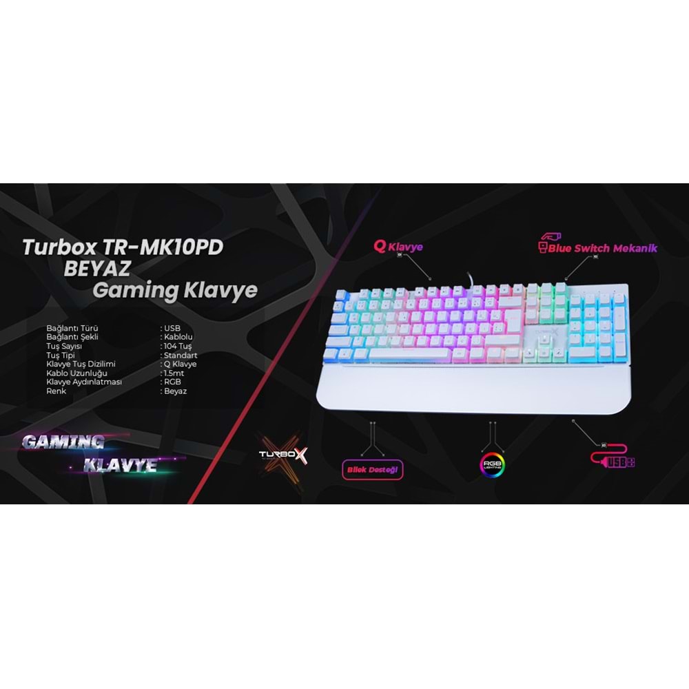 Turbox TR-MK10PD USB Kablolu (Beyaz) Rgb Makro Gaming Mekanik Klavye Pudding Tuş Bilek Destekli Blue Switch Mekanik Rainbow Klavye