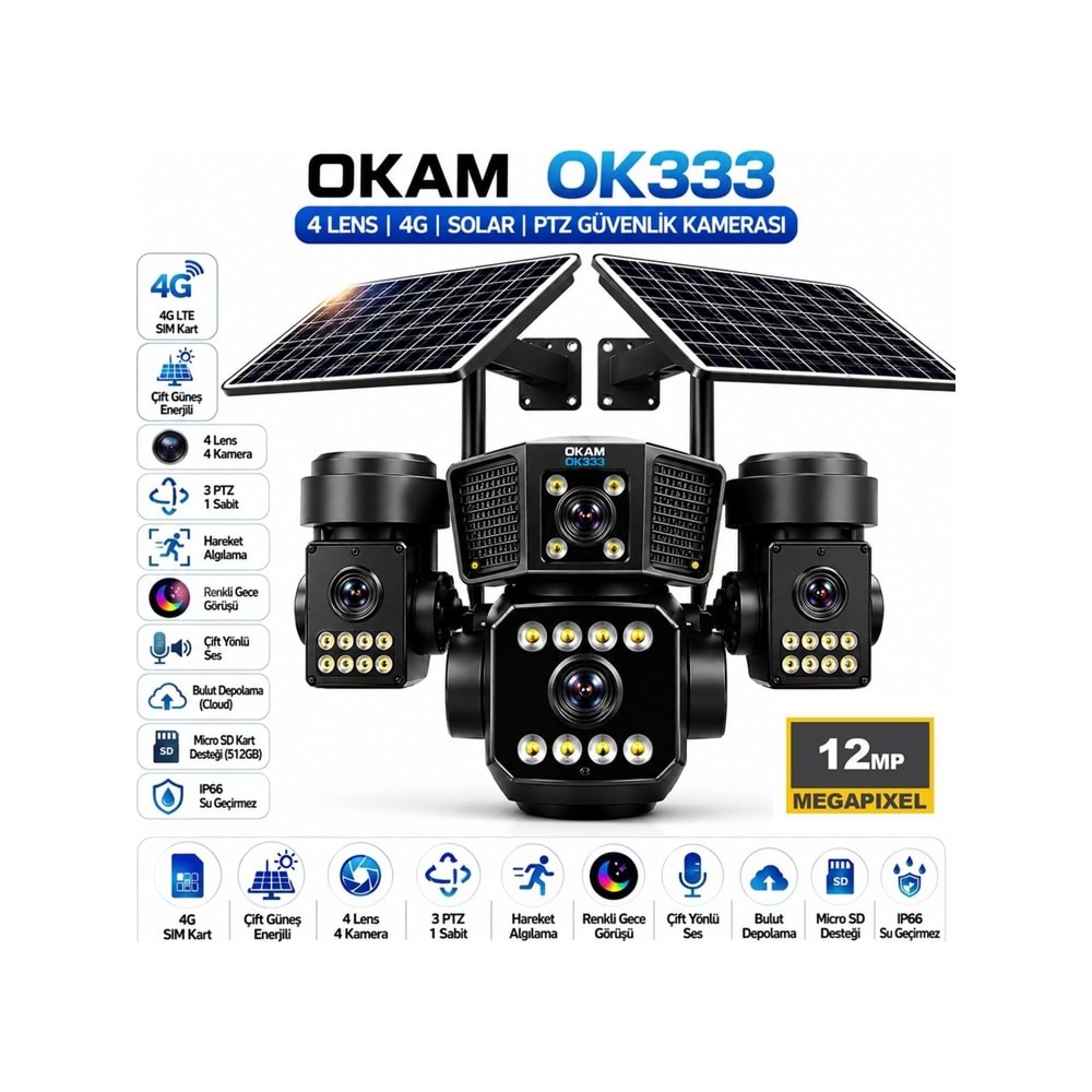 O-KAM PRO 333 Premium 4G Solar Güvenlik Kamerası | SIM Kartlı | 7/24 Kayıt | Akıllı Takip | Renkli Gece Görüşü