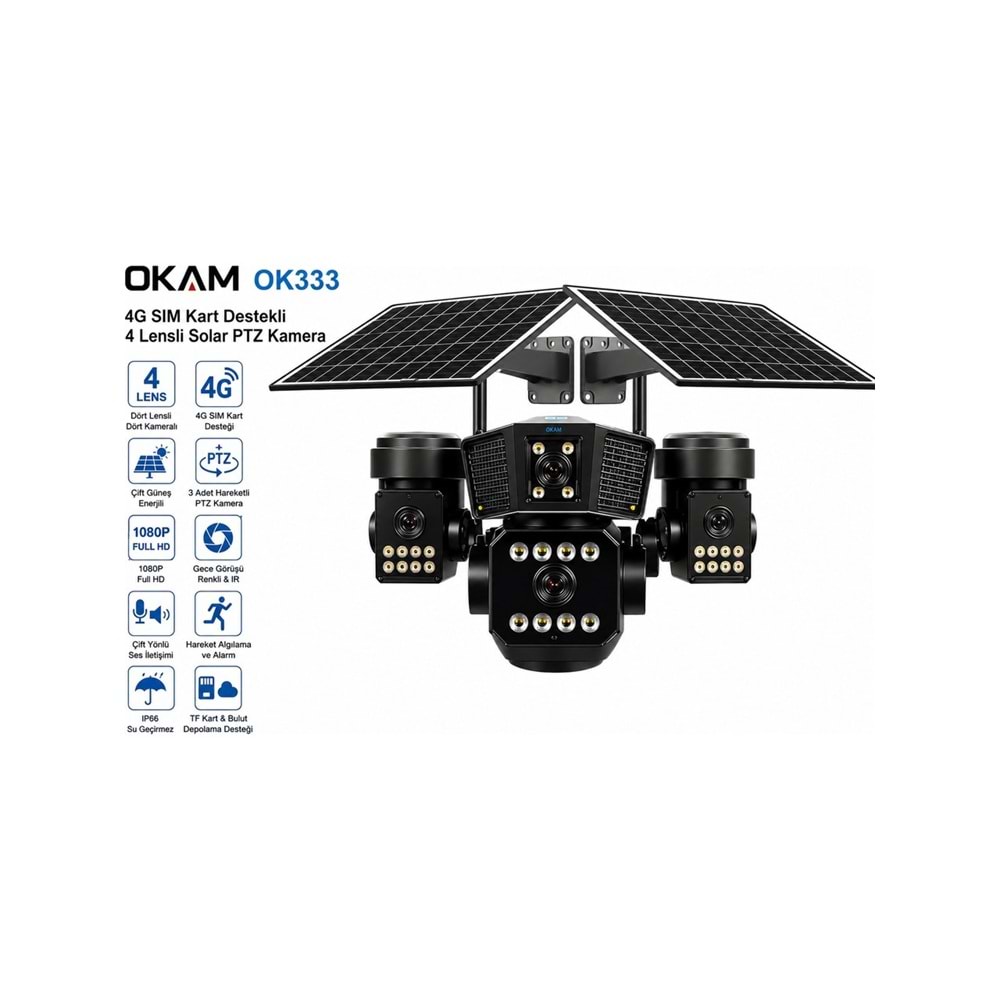 O-KAM PRO 333 Premium 4G Solar Güvenlik Kamerası | SIM Kartlı | 7/24 Kayıt | Akıllı Takip | Renkli Gece Görüşü