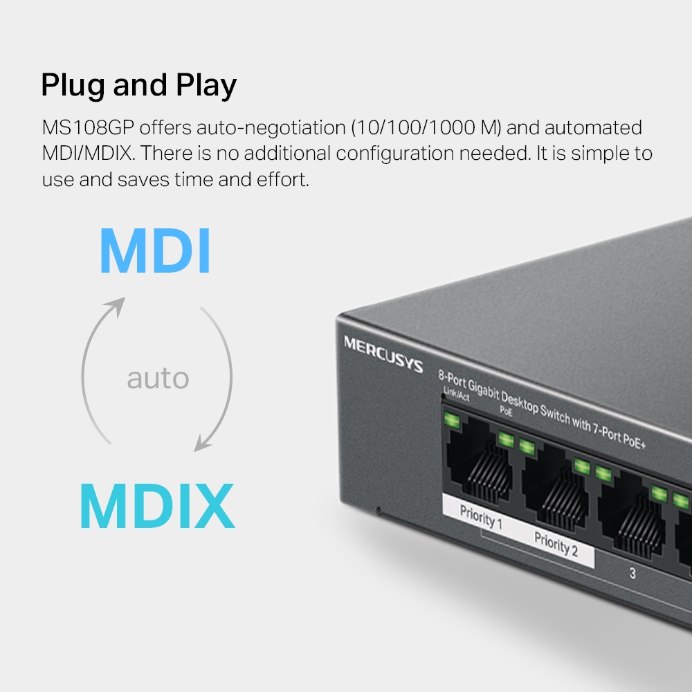 MERUCYS 8port PoE 65W Gigabit Yönetilemez Switch MS108GP
